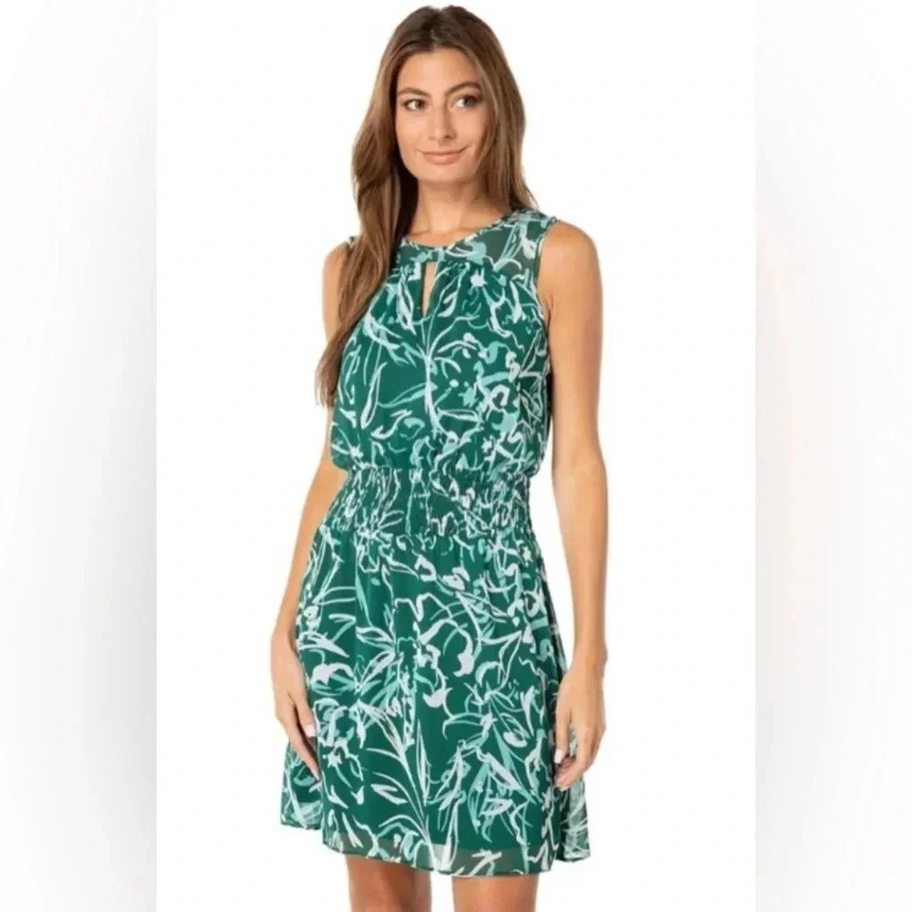 NWT London Times Sleeveless Smocked Hip Yoke Mini Dress in Green/Aqua 8